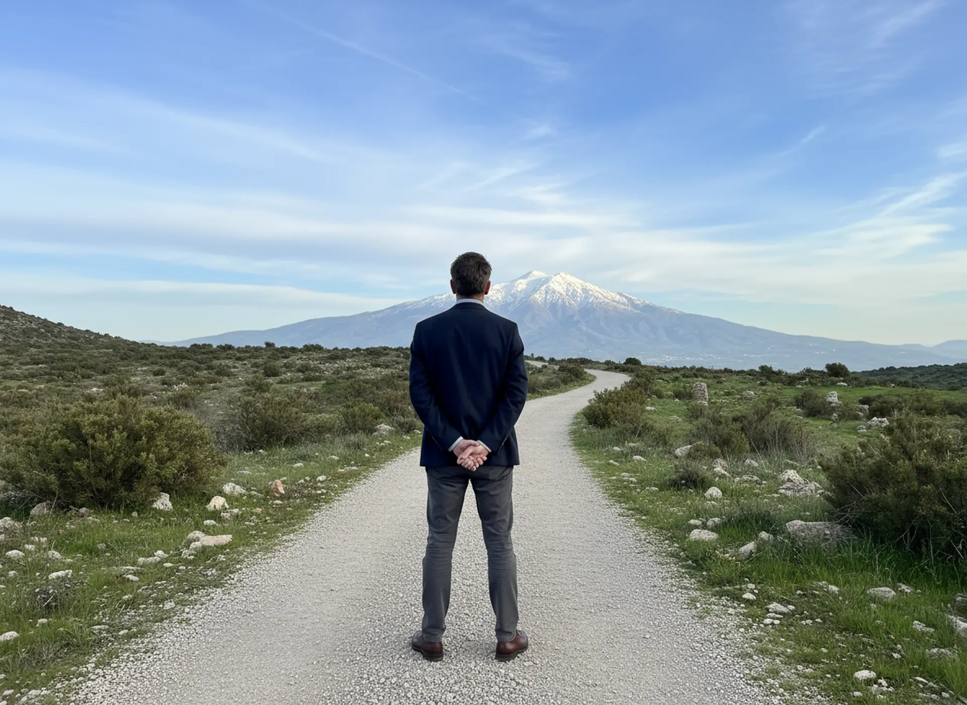 Business leader on a path facing a distant mountain